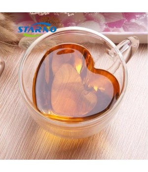 New hot selling 240ml 180ml home office thickened double layer cup glass heart shaped milk coffee glass cup with handle