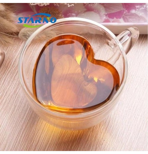 New hot selling 240ml 180ml home office thickened double layer cup glass heart shaped milk coffee glass cup with handle