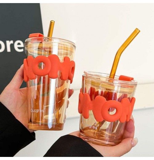 Portable Drinking Cartoon Glass Straw Insulated Set Accompanying Student Gift Straw Cup tumbler mug and Casual Cups for Students