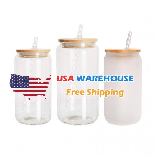 USA Warehouse stocked 16oz 25oz Clear Frosted Sublimation Blanks Glass Mason Jar Beer Can Glass Cup With Bamboo Lid And Straw