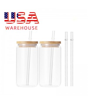 US Warehouse 16oz Can Shaped Glass Tumbler Cups Drinking Glasses with Bamboo Lids and Glass Straw