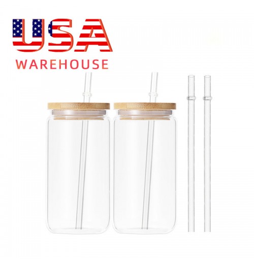 US Warehouse 16oz Can Shaped Glass Tumbler Cups Drinking Glasses with Bamboo Lids and Glass Straw