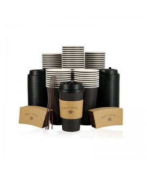 Custom Printed Logo 12oz Gold Foil Hot Stamping Coffee Paper Cups With Lid Double Wall Black Disposable Recyclable Sizes 6oz