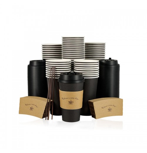 Custom Printed Logo 12oz Gold Foil Hot Stamping Coffee Paper Cups With Lid Double Wall Black Disposable Recyclable Sizes 6oz