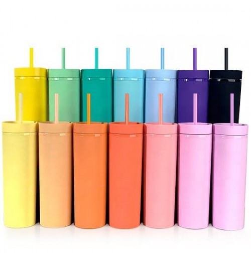 Customized Double Wall Slim Skinny Tumbler Straw Cup Acrylic Pastel Colored Matte 16oz Personalised Tumbler Cups with Straw