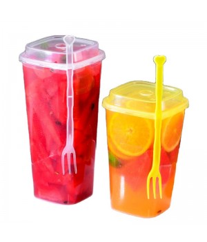 fruit salad square hard injection cup 24 32oz drink custom boba bubble juice tea disposable plastic cup with lid and fork