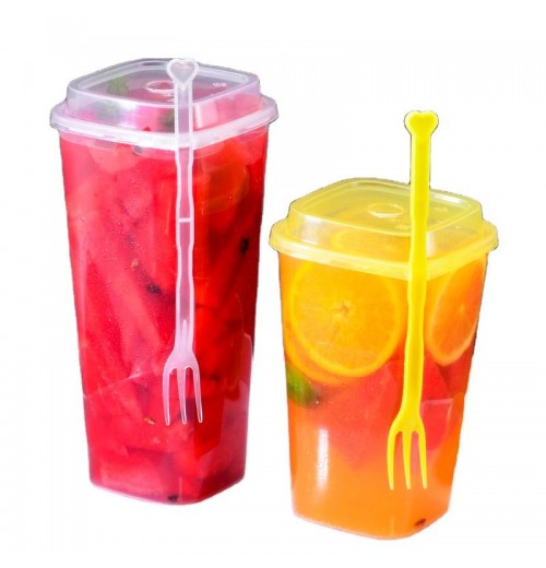 fruit salad square hard injection cup 24 32oz drink custom boba bubble juice tea disposable plastic cup with lid and fork